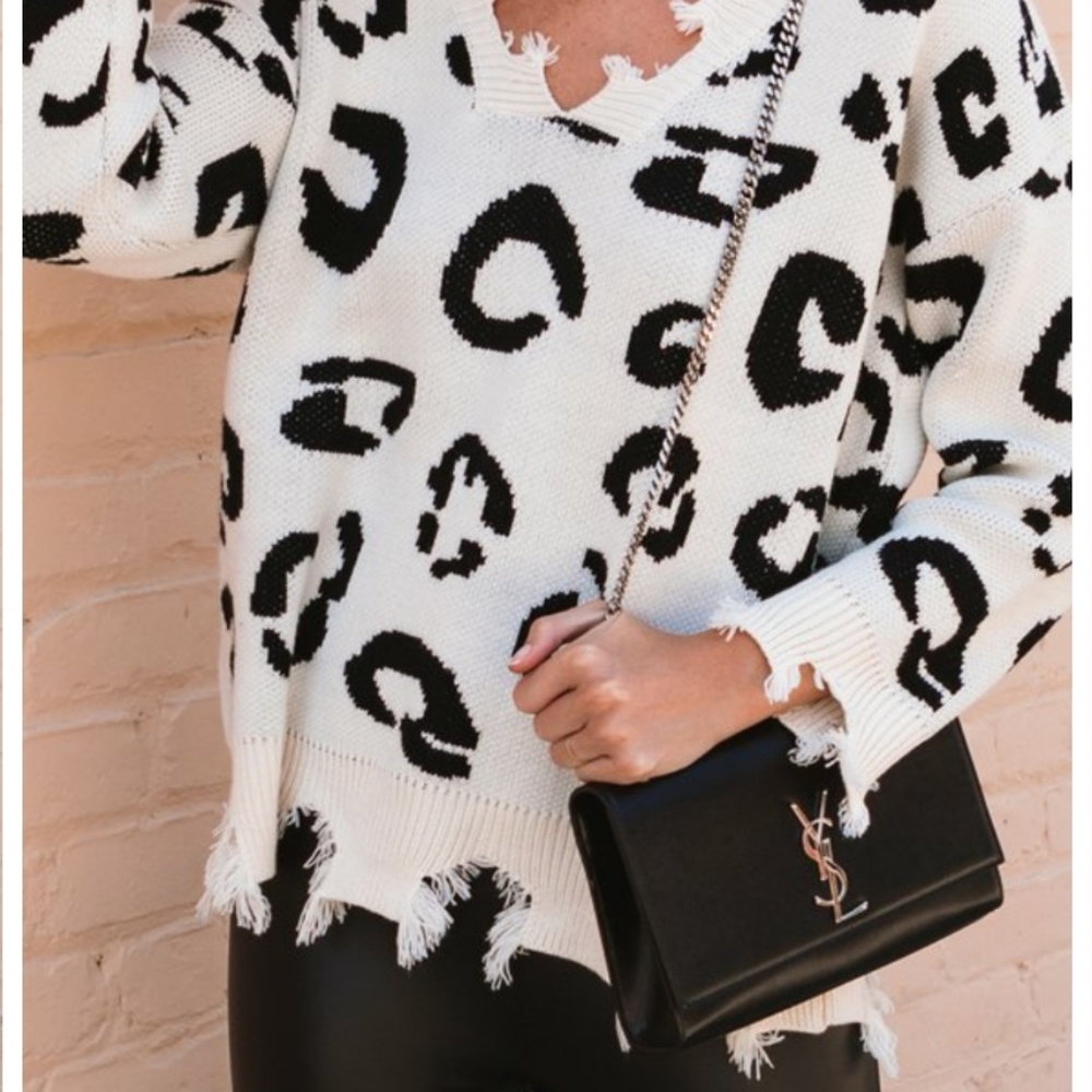White Leopard Distressed V-Neck Sweater